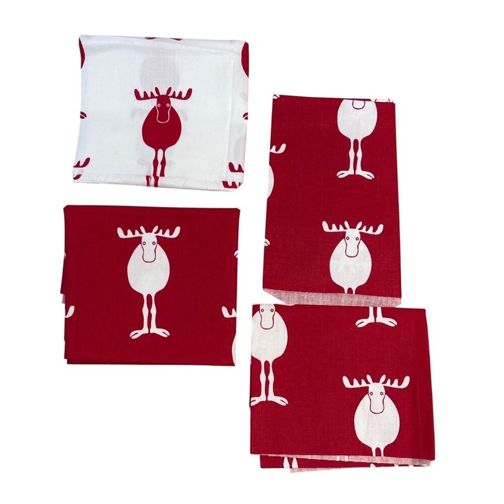 Red & White Moose Fabric Scraps Cotton Remnants For Sewing & Crafts 4 Pieces